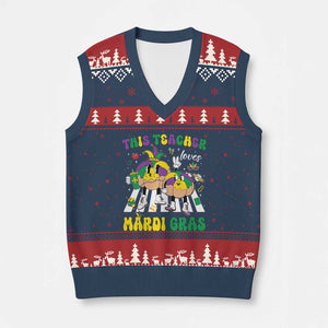 Funny This Teacher Loves Mardi Gras V-Neck Knit Sweater Vest King Cake Jester Hat TS11 Navy Red Print Your Wear