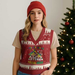 Funny This Teacher Loves Mardi Gras V-Neck Knit Sweater Vest King Cake Jester Hat TS11 Red Beige Print Your Wear