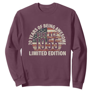 70th Birthday Sweatshirt Vintage 1955 Limited Edition 70 Years Of Being Awesome American Flag TS11 Maroon Print Your Wear