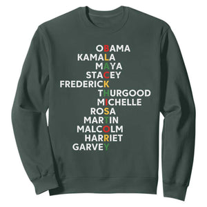 Black History Leaders Sweatshirt Obama Kamala Maya Stacey Frederick Thurgood Michelle TS11 Dark Forest Green Print Your Wear