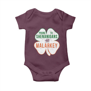 Prone to Shenanigans and Malarkey Baby Onesie Funny St Patricks Day Shamrock TS11 Maroon Print Your Wear