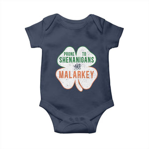 Prone to Shenanigans and Malarkey Baby Onesie Funny St Patricks Day Shamrock TS11 Navy Print Your Wear