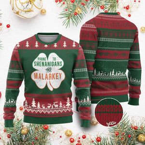 Prone to Shenanigans and Malarkey Ugly Christmas Sweater Funny St Patricks Day Shamrock TS11 Red Green Print Your Wear
