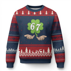 67 St Patricks Day Ugly Christmas Sweater Six Seven Meme Shamrock Hand Gesture TS11 Navy Red Print Your Wear