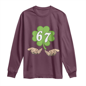 67 St Patricks Day Long Sleeve Shirt Six Seven Meme Shamrock Hand Gesture TS11 Maroon Print Your Wear