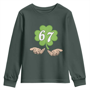 67 St Patricks Day Youth Sweatshirt Six Seven Meme Shamrock Hand Gesture TS11 Dark Forest Green Print Your Wear