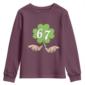 67 St Patricks Day Youth Sweatshirt Six Seven Meme Shamrock Hand Gesture TS11 Maroon Print Your Wear