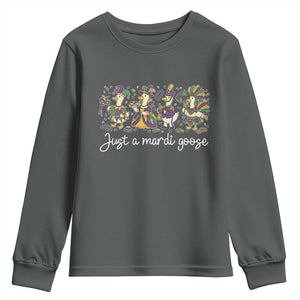 Goose Mardi Gras Youth Sweatshirt Funny Just A Mardi Goose New Orleans Carnival TS11 Dark Heather Print Your Wear
