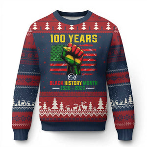 100 Years Of Black History Month Ugly Christmas Sweater Hand Fist African American Milestone American Flag TS11 Navy Red Print Your Wear