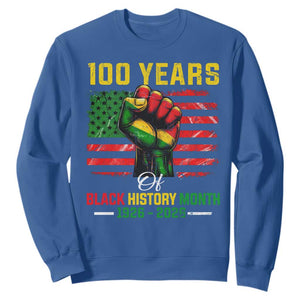 100 Years Of Black History Month Sweatshirt Hand Fist African American Milestone American Flag TS11 Royal Blue Print Your Wear
