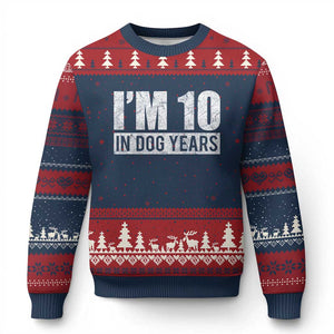 70th Birthday Funny I Am 10 In Dog Years Ugly Christmas Sweater 70 Years Old Gifts TS11 Navy Red Print Your Wear