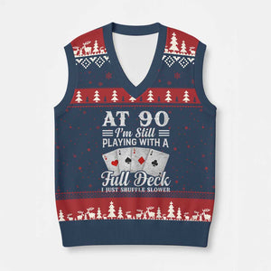90th Birthday Poker Lover V-Neck Knit Sweater Vest At 90 I Am Still Playing With A Full Deck I Just Shuffle Slower TS11 Navy Red Print Your Wear