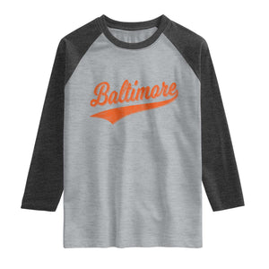 Baltimore Script Retro Baseball Sport Lovers City Pride Raglan Shirt TS11 Heather Gray Heather Charcoal Print Your Wear