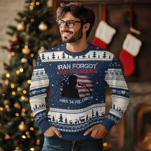 Iran Forgot Our President Has 34 Felonies Ugly Christmas Sweater Funny Political Satire Vintage American Flag TS11 Navy Beige Print Your Wear