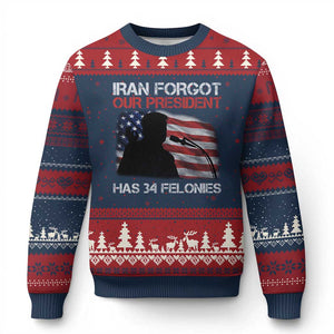 Iran Forgot Our President Has 34 Felonies Ugly Christmas Sweater Funny Political Satire Vintage American Flag TS11 Navy Red Print Your Wear