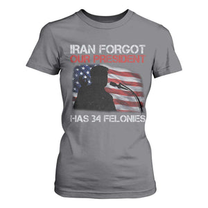 Iran Forgot Our President Has 34 Felonies T Shirt For Women Funny Political Satire Vintage American Flag TS11 Charcoal Print Your Wear