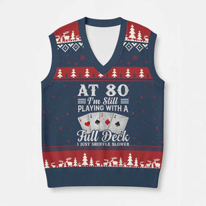 80th Birthday Poker Lover V-Neck Knit Sweater Vest At 80 I Am Still Playing With A Full Deck I Just Shuffle Slower TS11 Navy Red Print Your Wear