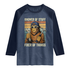 Knower Of Stuff Fixer Of Things Raglan Shirt Mechanic Bigfoot Dad TS11 Heather Denim Navy Print Your Wear