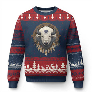 Native American White Buffalo And Eagle Feathers Ugly Christmas Sweater TS11 Navy Red Print Your Wear