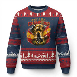 Espana Champions 2026 Ugly Christmas Sweater Spain Football Fan Spanish Bull Graphic TS11 Navy Red Print Your Wear
