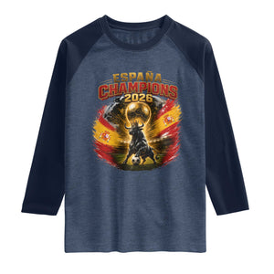 Espana Champions 2026 Raglan Shirt Spain Football Fan Spanish Bull Graphic TS11 Heather Denim Navy Print Your Wear