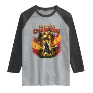 Espana Champions 2026 Raglan Shirt Spain Football Fan Spanish Bull Graphic TS11 Heather Gray Heather Charcoal Print Your Wear