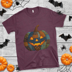 Halloween Blue Denim Patchwork Spooky Pumpkin T Shirt TS11 Maroon Print Your Wear