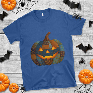 Halloween Blue Denim Patchwork Spooky Pumpkin T Shirt TS11 Royal Blue Print Your Wear