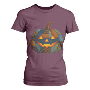 Halloween Blue Denim Patchwork Spooky Pumpkin T Shirt For Women TS11 Maroon Print Your Wear