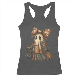 Halloween Vintage Denim Patchwork Spooky Ghost Coquette Racerback Tank Top TS11 Dark Heather Print Your Wear