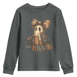 Halloween Vintage Denim Patchwork Spooky Ghost Coquette Youth Sweatshirt TS11 Dark Heather Print Your Wear