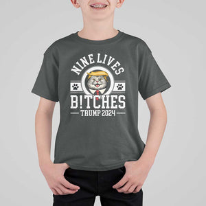 Funny Trump 2024 T Shirt For Kid Nine Lives Bitches Cat Blond Hair For Trump Paw TS11 Dark Heather Print Your Wear