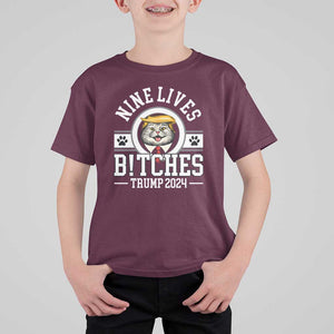 Funny Trump 2024 T Shirt For Kid Nine Lives Bitches Cat Blond Hair For Trump Paw TS11 Maroon Print Your Wear