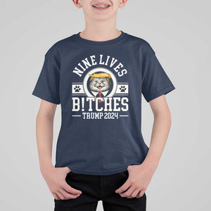 Funny Trump 2024 T Shirt For Kid Nine Lives Bitches Cat Blond Hair For Trump Paw TS11 Navy Print Your Wear