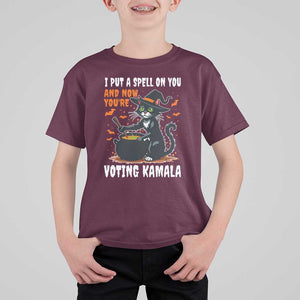 Funny Harris Halloween T Shirt For Kid I Put A Spell On You And Now You're Voting Kamala Black Cat Witch TS11 Maroon Print Your Wear