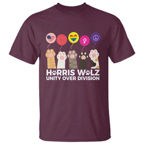 Funny Harris Walz Supporter T Shirt Unity Over Division Cat Paw American Flag Human Rights Feminism Equal Rights TS11 Maroon Print Your Wear