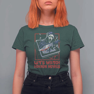 Funny Halloween T Shirt For Women Let's Watch Horror Movies Ghost Broken Televison Knife TS11 Dark Forest Green Print Your Wear