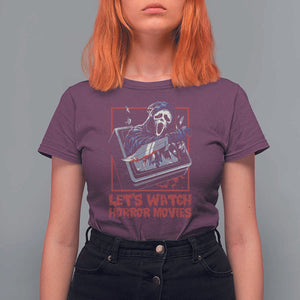 Funny Halloween T Shirt For Women Let's Watch Horror Movies Ghost Broken Televison Knife TS11 Maroon Print Your Wear