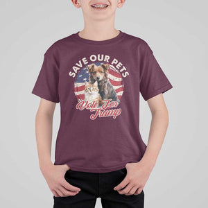 Funny Trump Supporter 2024 T Shirt For Kid Save Our Pets Vote For Trump Cat Dog American Flag TS11 Maroon Print Your Wear