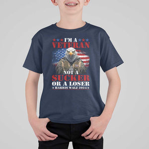 Harris Walz 2024 T Shirt For Kid I'm A Veteran Not A Sucker Or A Loser Eagle American Flag TS11 Navy Print Your Wear