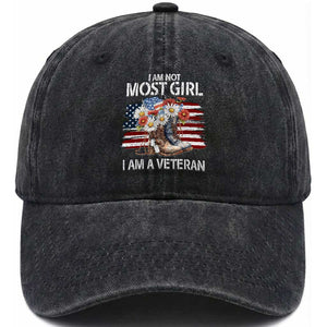 I Am Not Most Girl I Am A Veteran Washed Cotton Baseball Cap Female Veteran Combat Boots TS11 Washed Cap Universal Fit Black Print Your Wear
