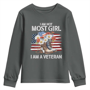 I Am Not Most Girl I Am A Veteran Youth Sweatshirt Female Veteran Combat Boots TS11 Dark Heather Print Your Wear