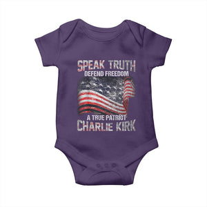 Speak Truth Defend Freedom A True Patriot Charlie Kirk Baby Onesie Vintage American Flag TS11 Purple Print Your Wear