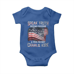 Speak Truth Defend Freedom A True Patriot Charlie Kirk Baby Onesie Vintage American Flag TS11 Royal Blue Print Your Wear