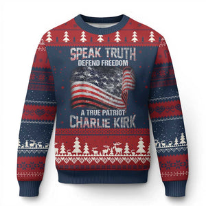 Speak Truth Defend Freedom A True Patriot Charlie Kirk Ugly Christmas Sweater Vintage American Flag TS11 Navy Red Print Your Wear