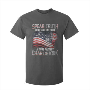 Speak Truth Defend Freedom A True Patriot Charlie Kirk T Shirt For Kid Vintage American Flag TS11 Dark Heather Print Your Wear