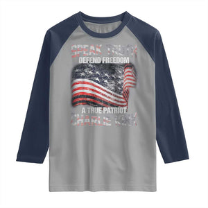 Speak Truth Defend Freedom A True Patriot Charlie Kirk Raglan Shirt Vintage American Flag TS11 Sport Gray Navy Print Your Wear