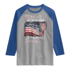 Speak Truth Defend Freedom A True Patriot Charlie Kirk Raglan Shirt Vintage American Flag TS11 Sport Gray Royal Print Your Wear