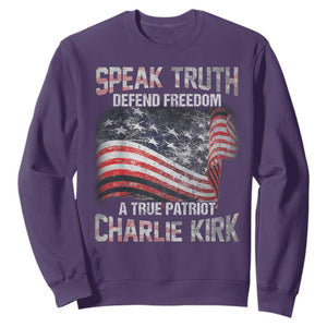 Speak Truth Defend Freedom A True Patriot Charlie Kirk Sweatshirt Vintage American Flag TS11 Purple Print Your Wear