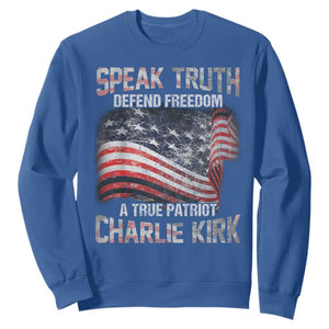 Speak Truth Defend Freedom A True Patriot Charlie Kirk Sweatshirt Vintage American Flag TS11 Royal Blue Print Your Wear